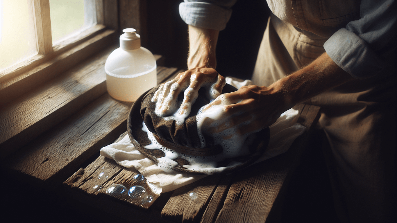 Hand washing a hat with soapy water and a cloth