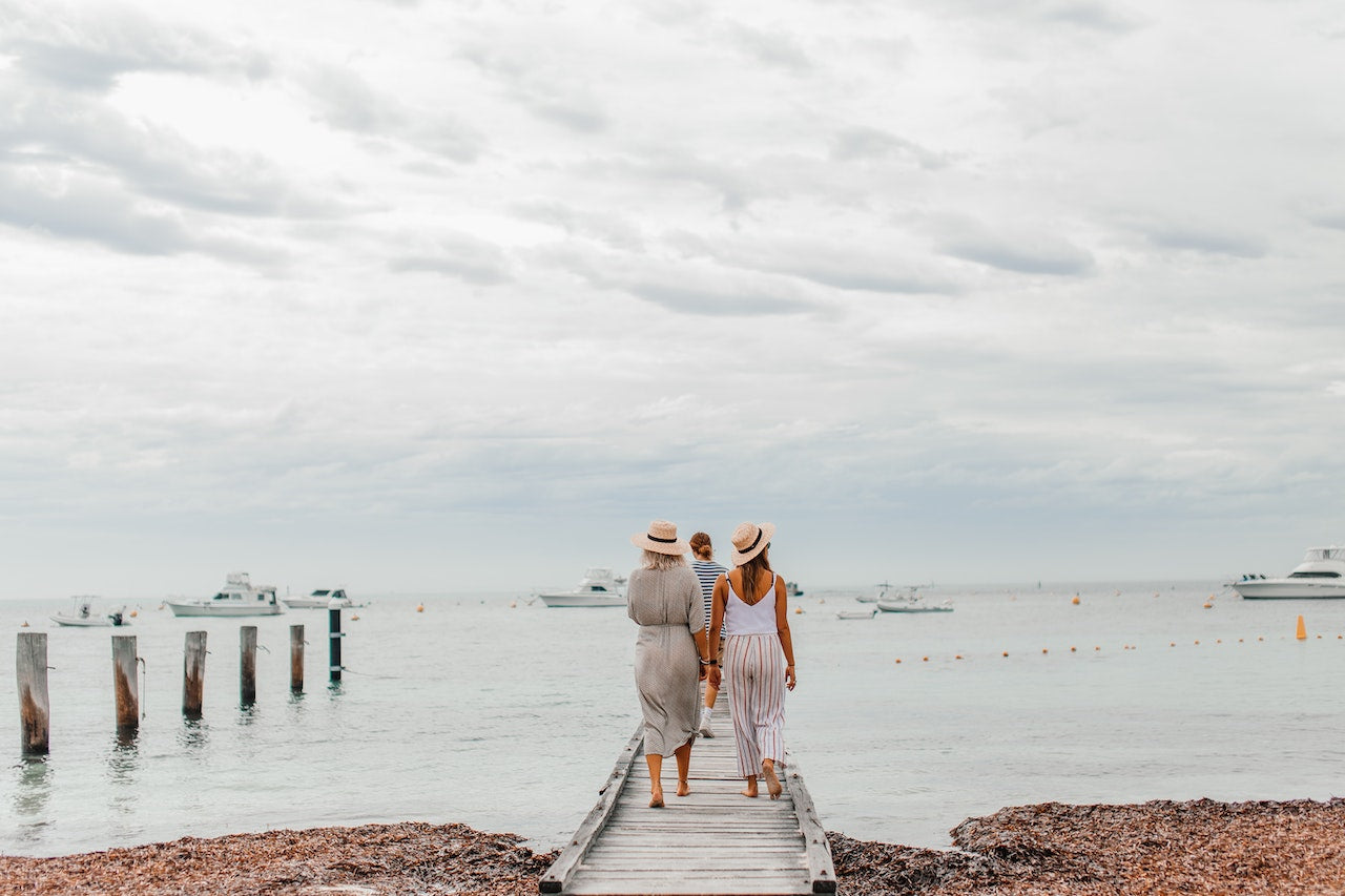 women walking on the dock