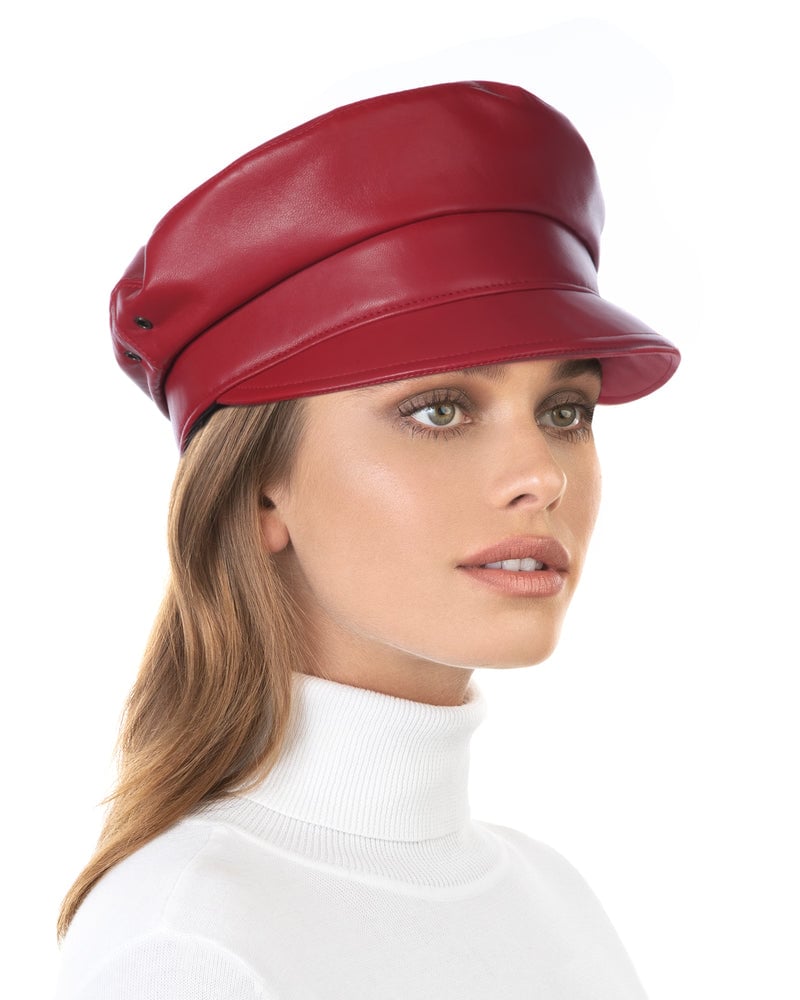 Eric Javits Women Hats Red Night Porter Leather Cap Red
