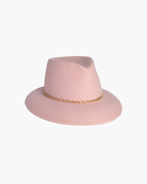 Chic Pink Straw Fedora with Gold Accent Chain Beautiful Truth Felt Fedora In Pink – Impressions Online  main image 4