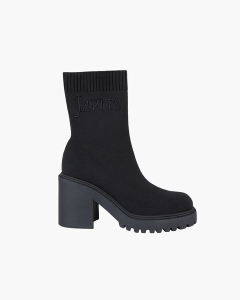 Eric Javits Women s Viola Sock Boot Black Stretch Knit Upper Padded Leather Slip Resistant Molded Lug Black 8.5