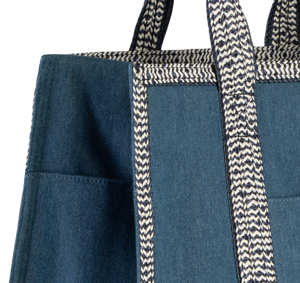 Eric Javits Women's Cote D'azur Tote Bag, Multicolor, Straw & Canvas Combination, Lightweight & Packable, Water-Repellent, Blue Mix, Large, Mid Size
