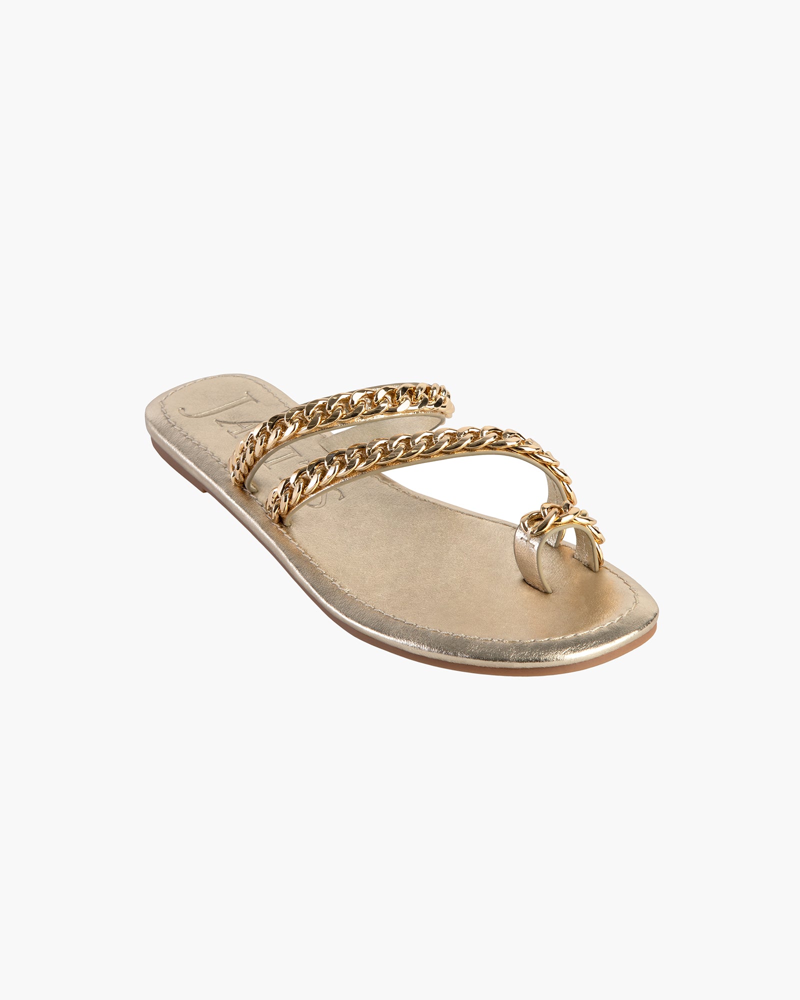 Eric Javits Women's Chainmi Toe Loop Summer Sandal, Chain-embellished Leather Straps, Metallic Leather Footbed, Gold Color - Size 10