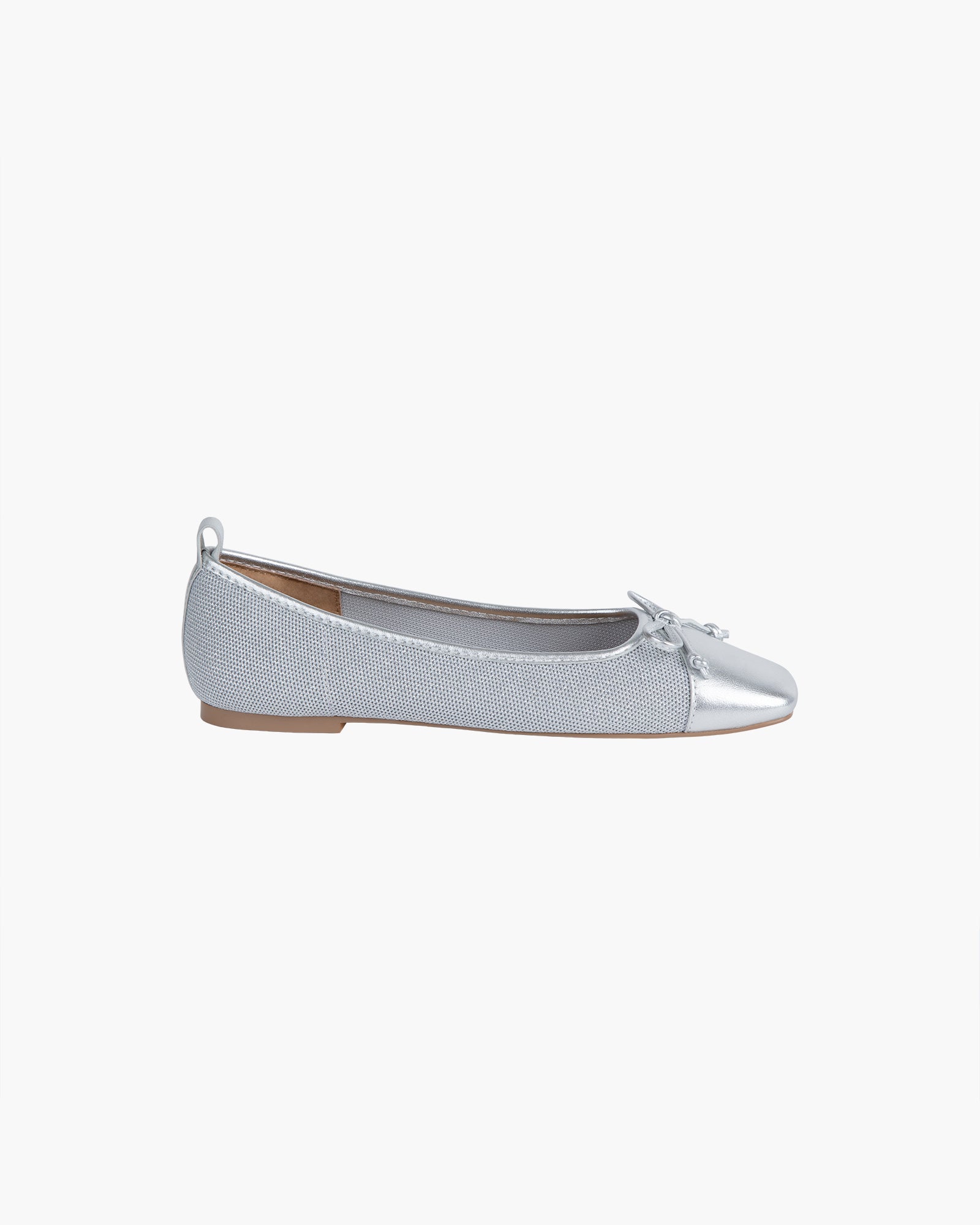 Eric Javits Parris Ballet Flat | Square-Toe, Bow-Tie | Knit Mesh, Patent Leather | Silver Eric Javits Parris Ballet Flat | Square-Toe, Bow-Tie | Knit Mesh, Patent Leather | Silver